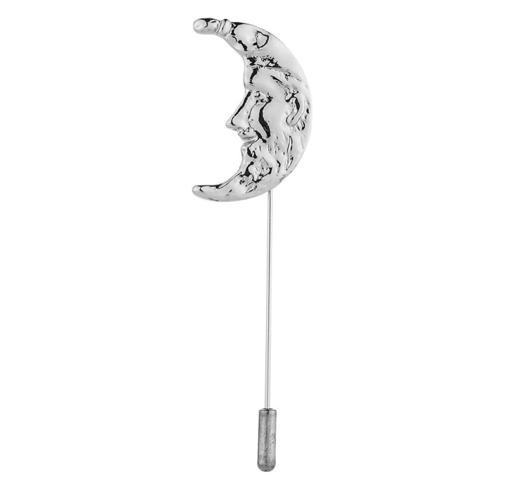 Silver Crescent Moon Face Brooch Lapel Pin
