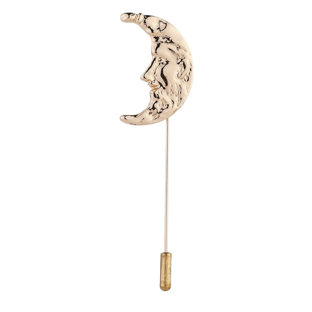 Gold Crescent Moon Face Brooch Lapel Pin
