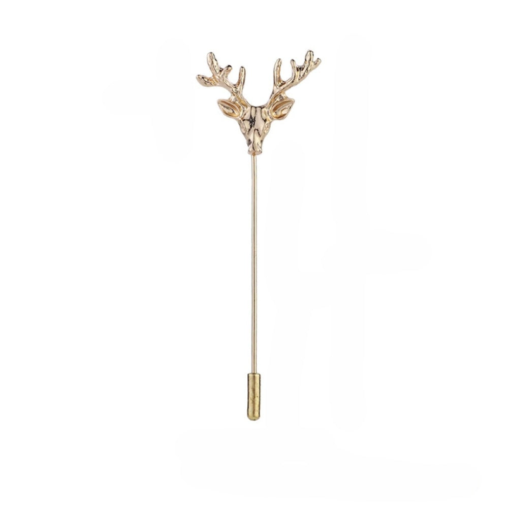 Gold Deer Head Antler Brooch Lapel Pin
