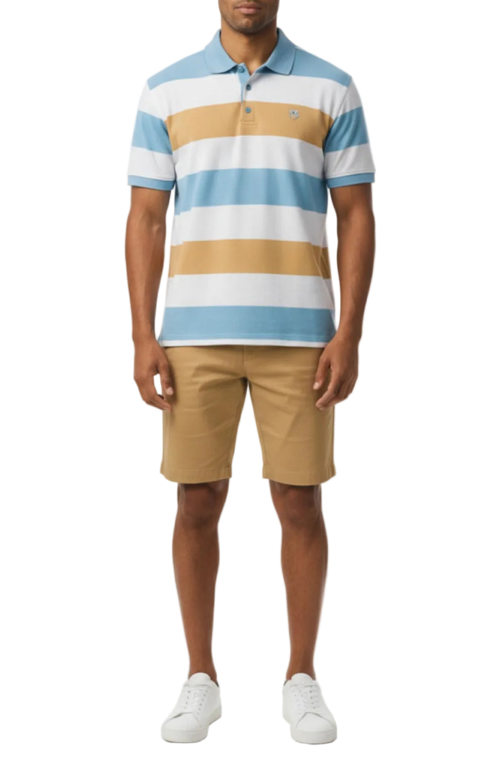 Man wearing a striped polo shirt and beige shorts on a white background