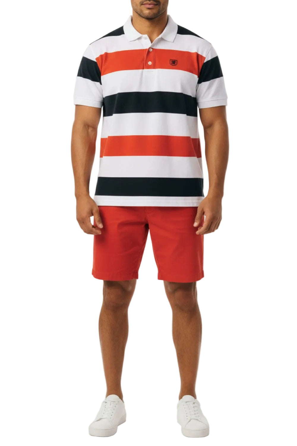 Man wearing a striped polo shirt and red shorts on a white background