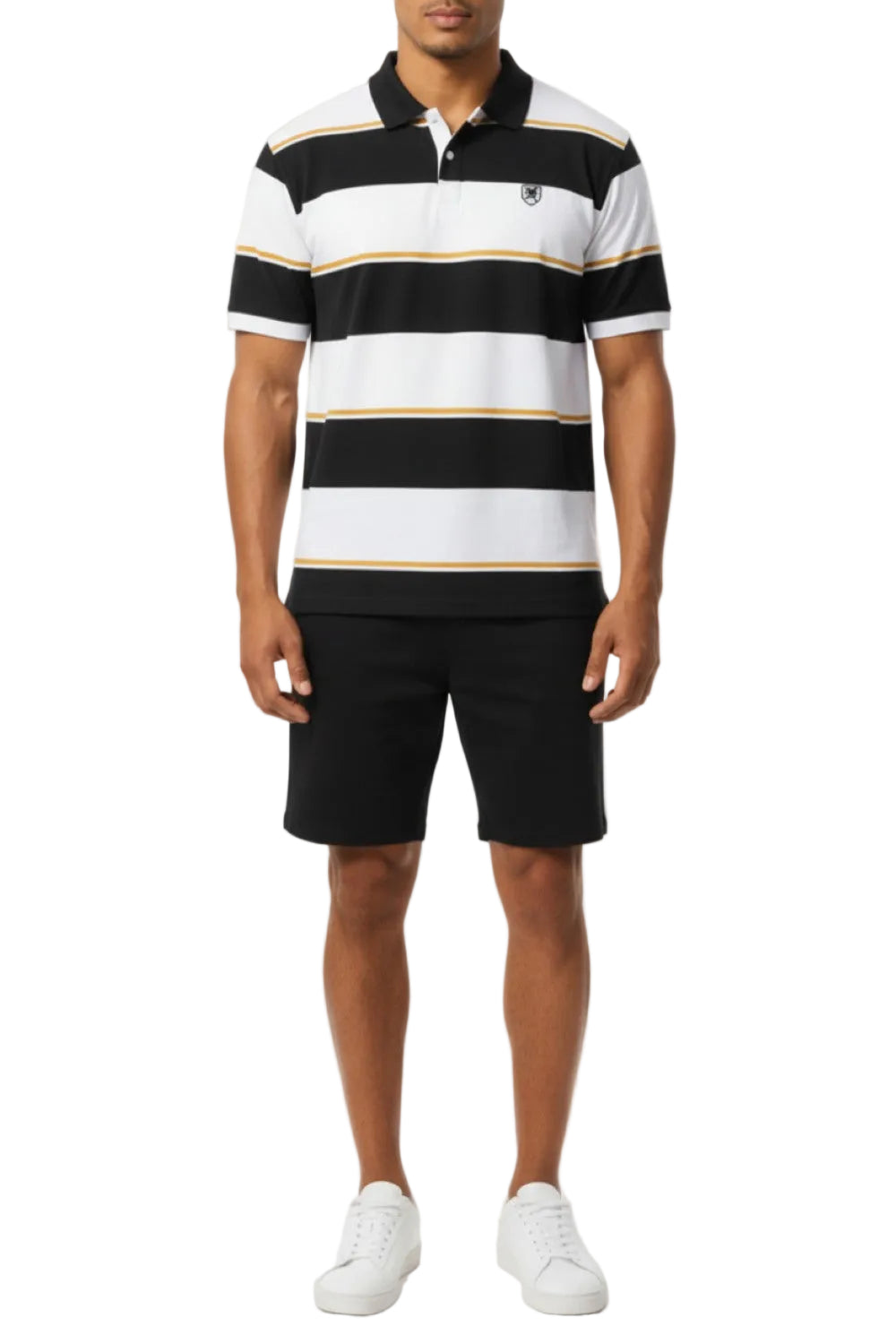 Person wearing a black and white striped polo shirt with gold accents on a white background