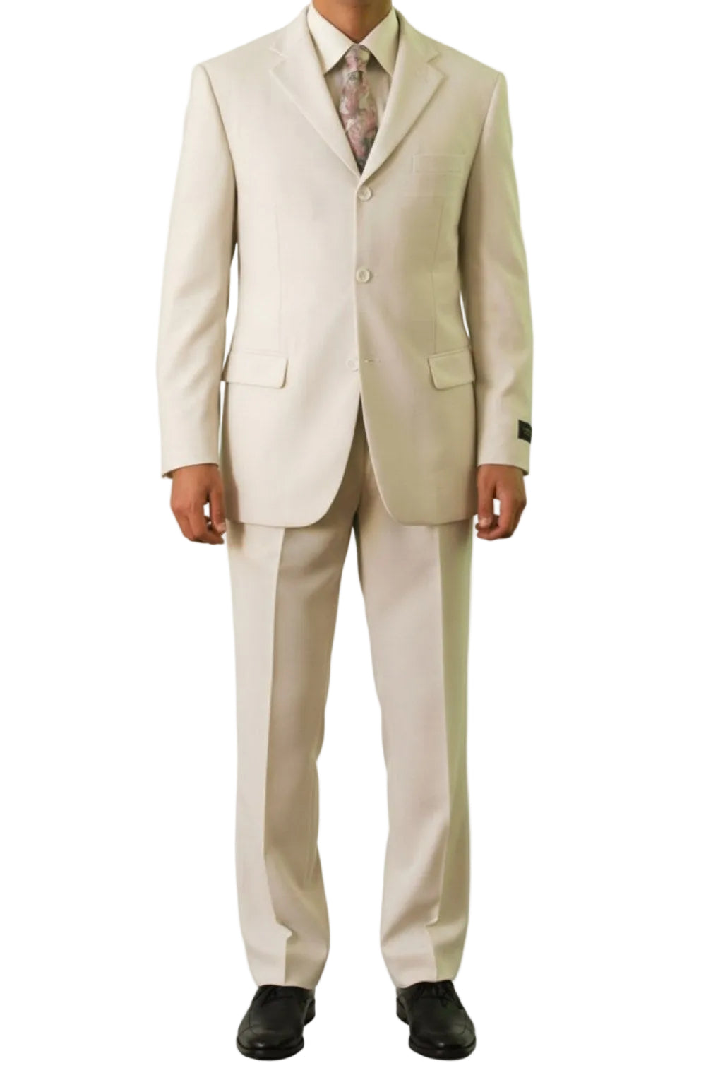 Beige suit worn by a person on a white background
