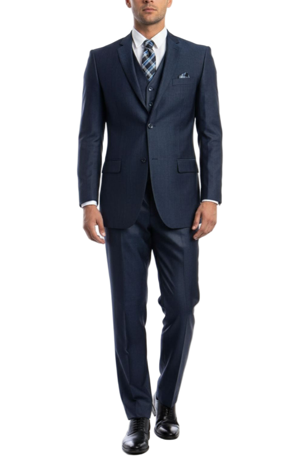 Navy Blue 3 Piece Modern Fit Suit 2 Button V-Neck Vest