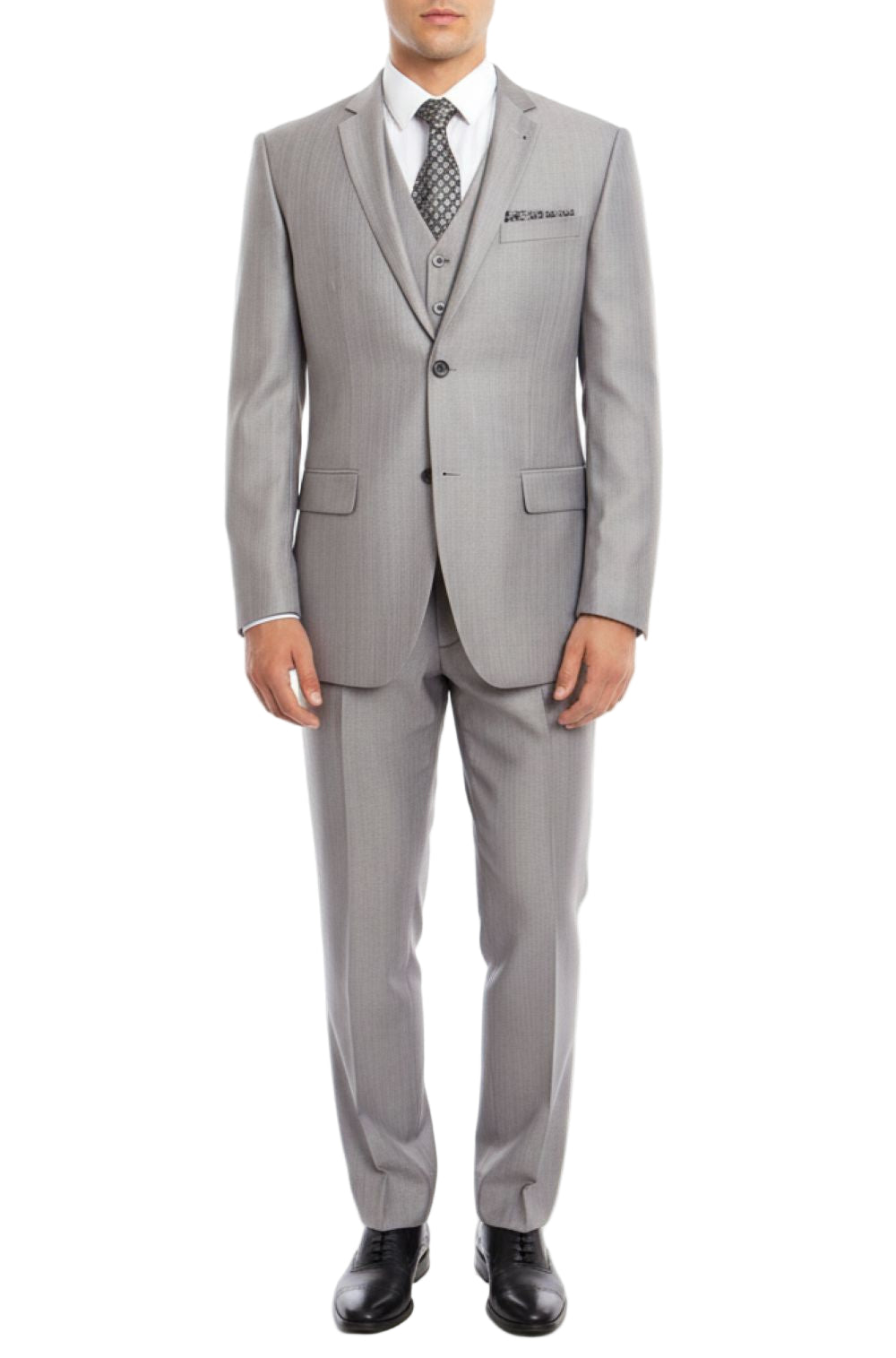 Light Gray 3 Piece Modern Fit Suit 2 Button V-Neck Vest