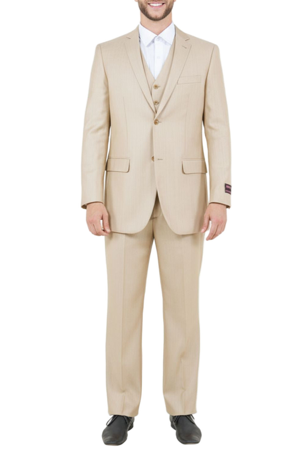 Light Beige 3 Piece Modern Fit Suit 2 Button V-Neck Vest