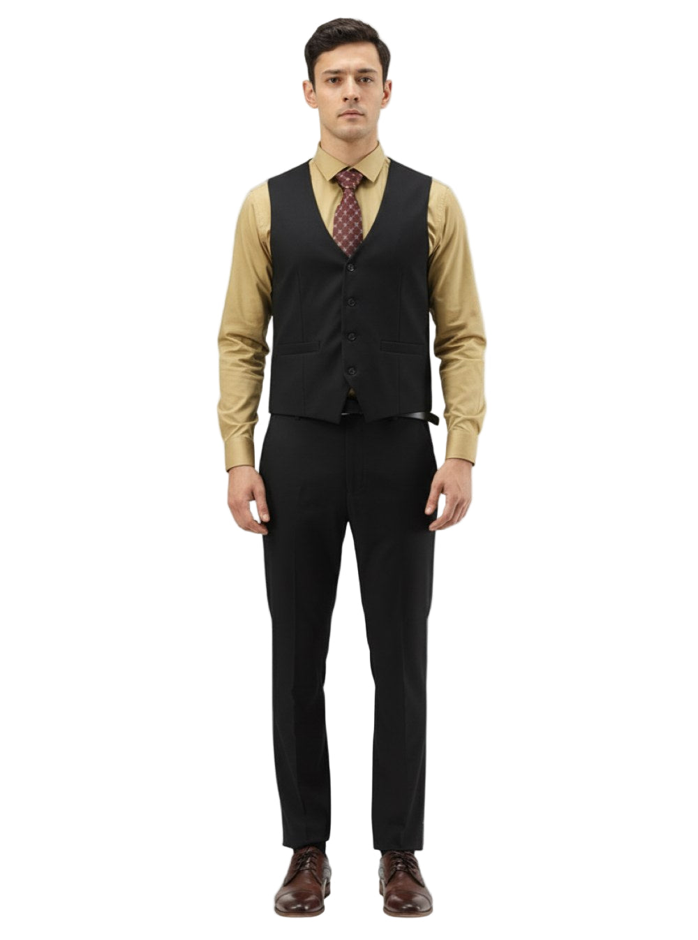 Solid black Tazio Men's Slim Fit 3 Piece Suit trousers, showing front pockets and waistband button.