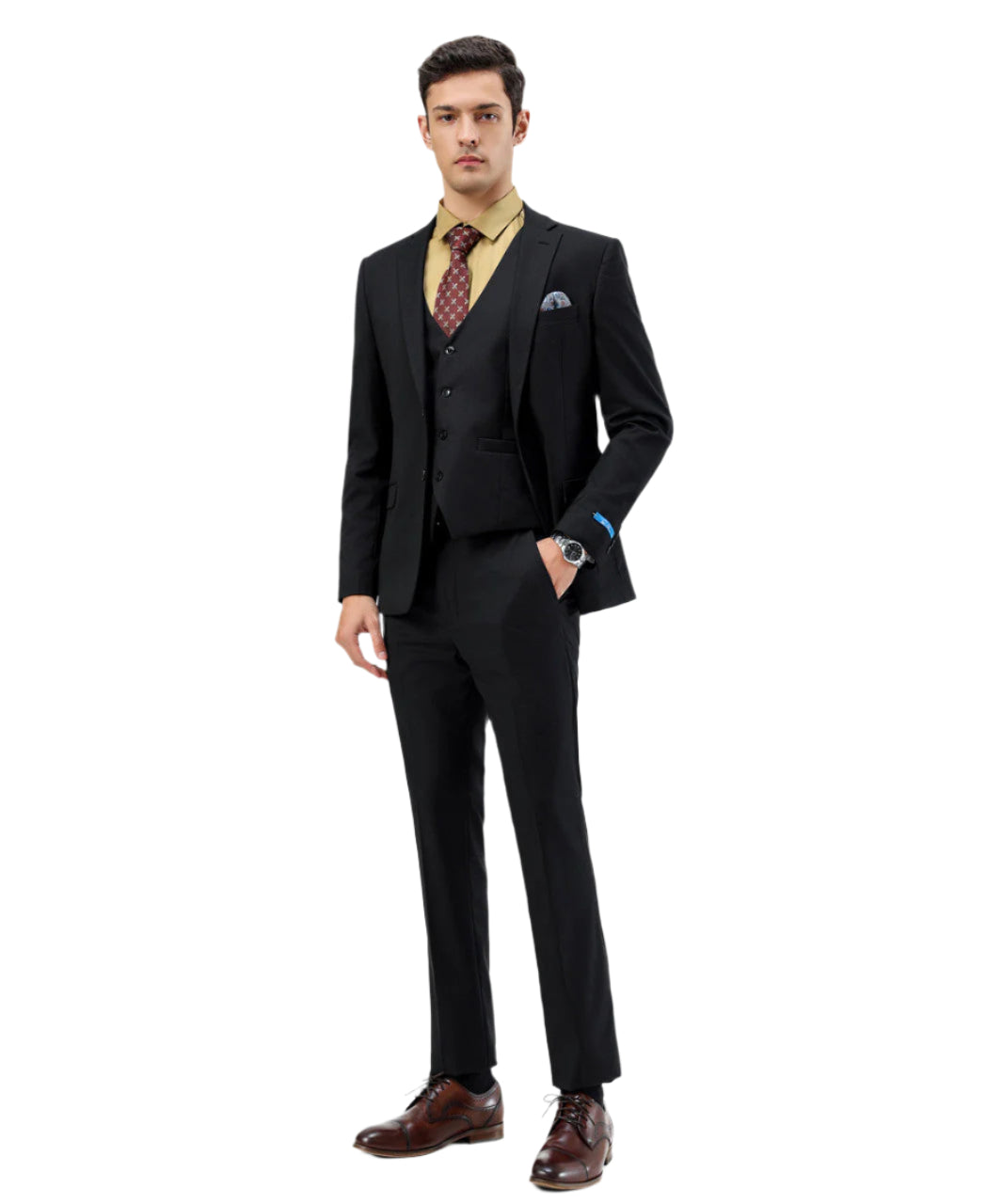 Men's Slim Fit Solid Black 3 Piece Suit
