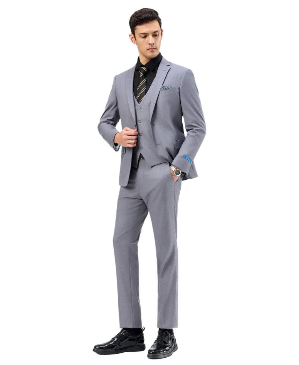 Men's Slim Fit Solid Gray 3 Piece Suit
