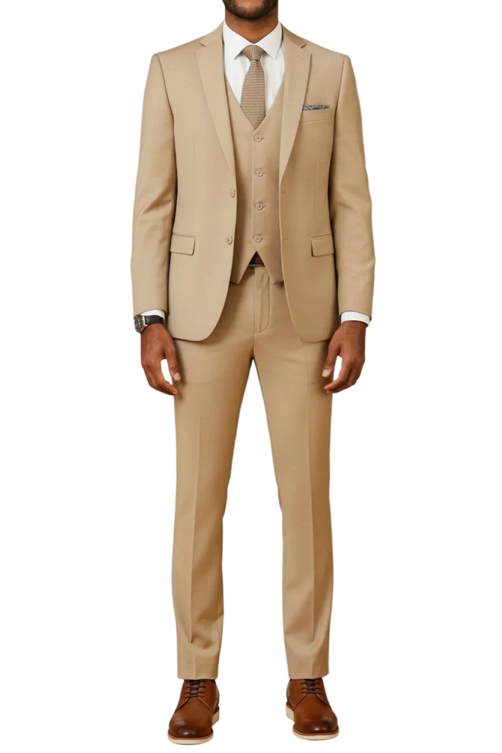 Men's Slim Fit Solid Tan 3 Piece Suit