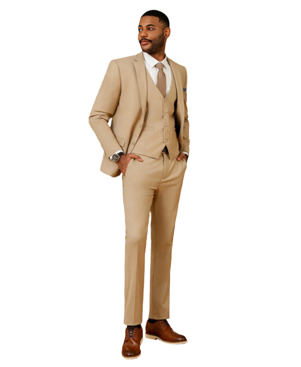Men's Slim Fit Solid Tan 3 Piece Suit
