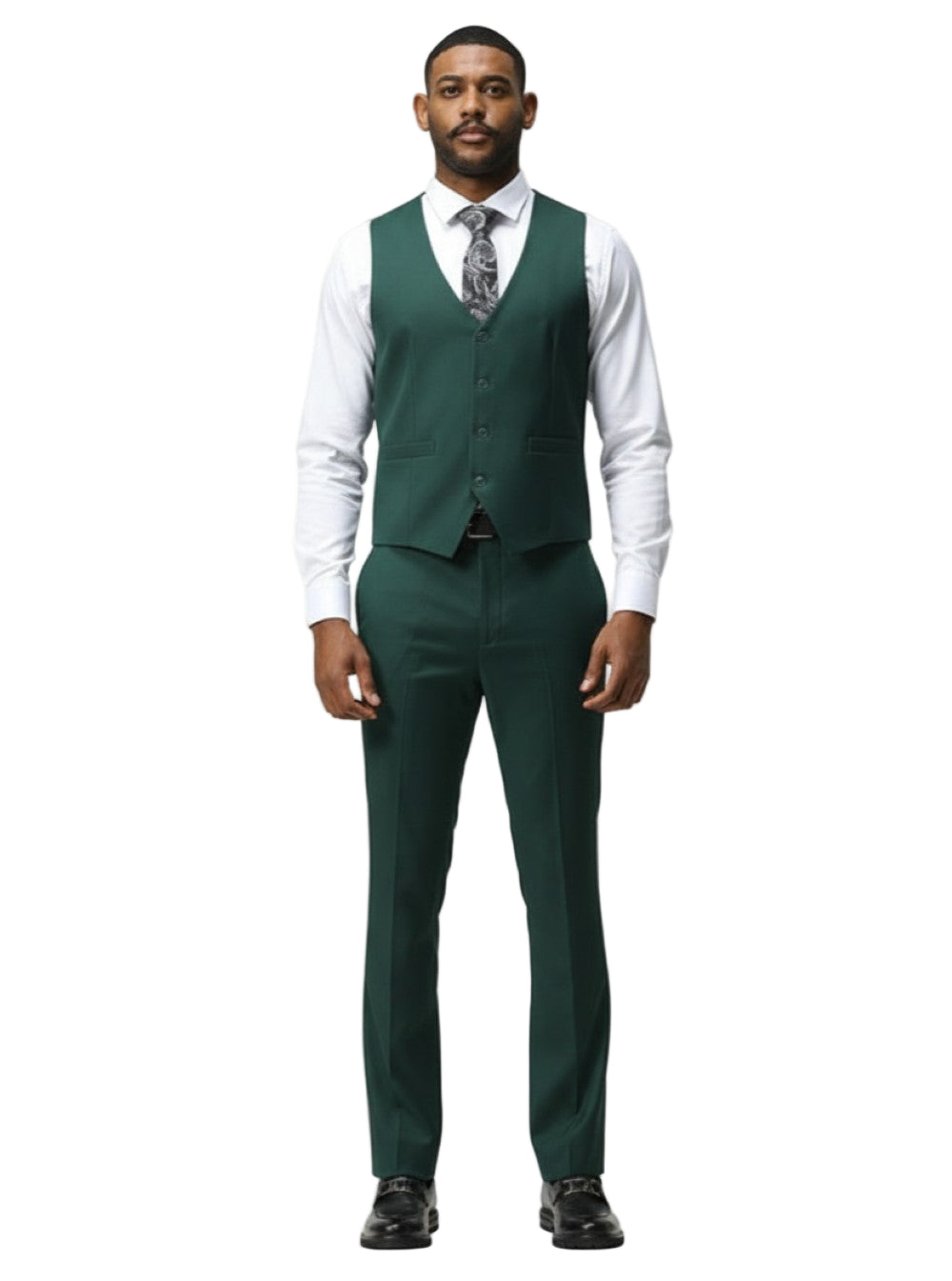 Tazio brand Men's Slim Fit Solid Green 3 Piece Suit jacket, displaying a collar, multiple front buttons, and a pocket.