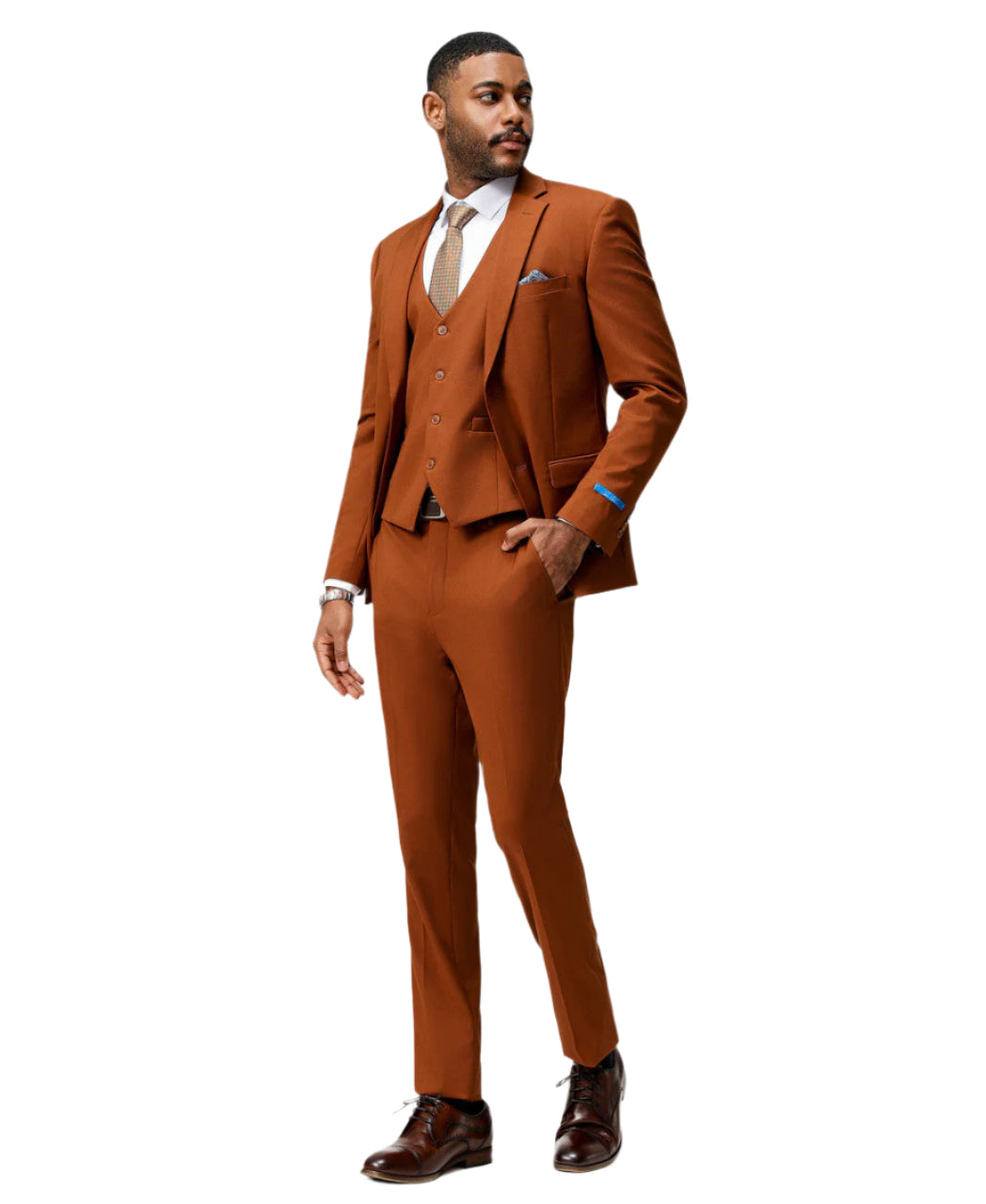 Men's Slim Fit Solid Light Brown 3 Piece Suit
