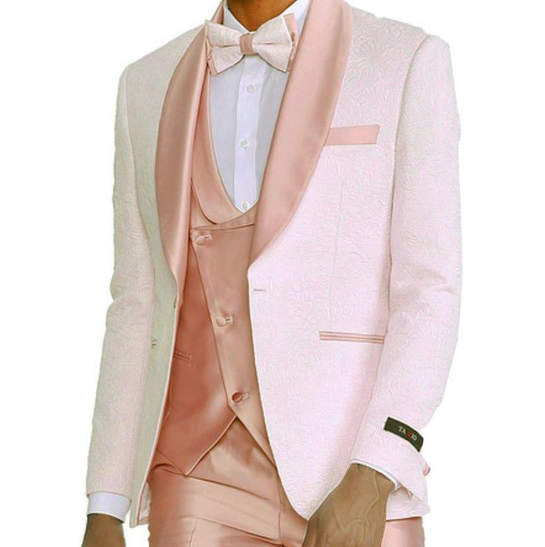 Rose Gold Pink Slim Fit Tuxedo 4 Piece with Satin Shawl Collar Beveled Designed Vest