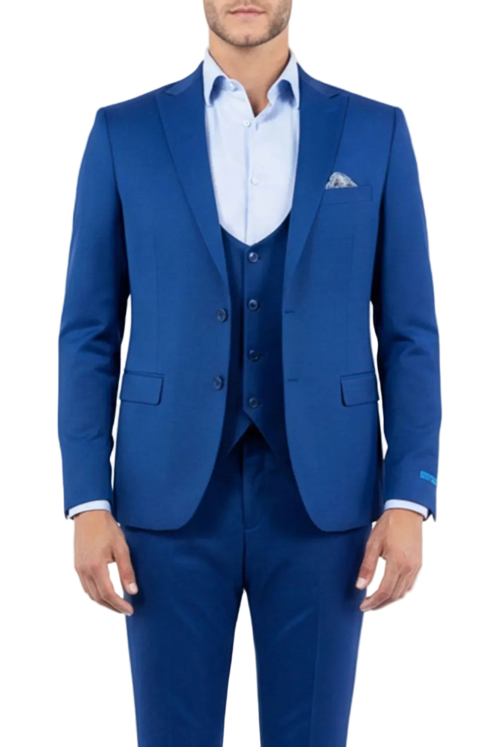 Blue suit with a white shirt on a white background