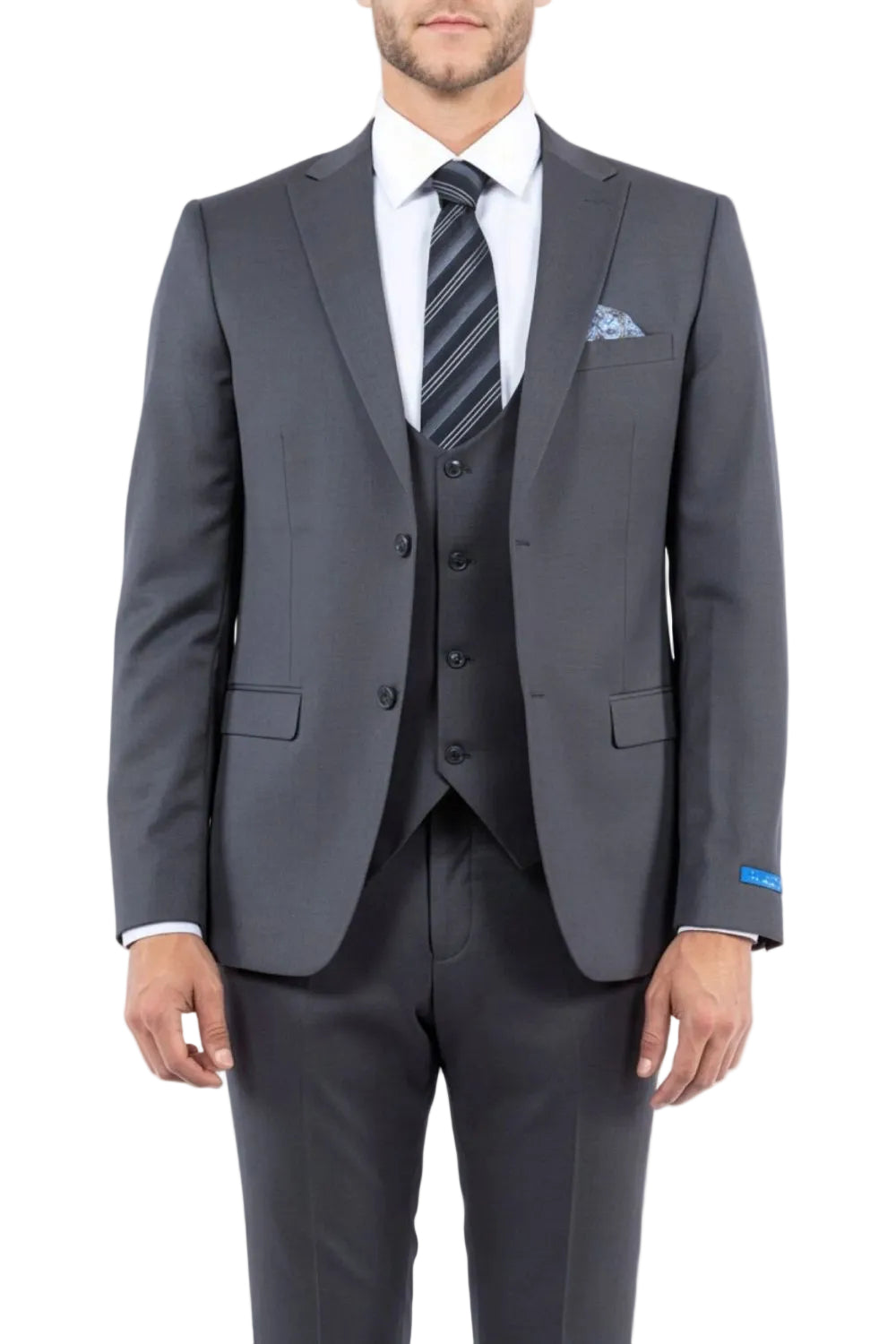 Gray suit with striped tie and pocket square on a white background