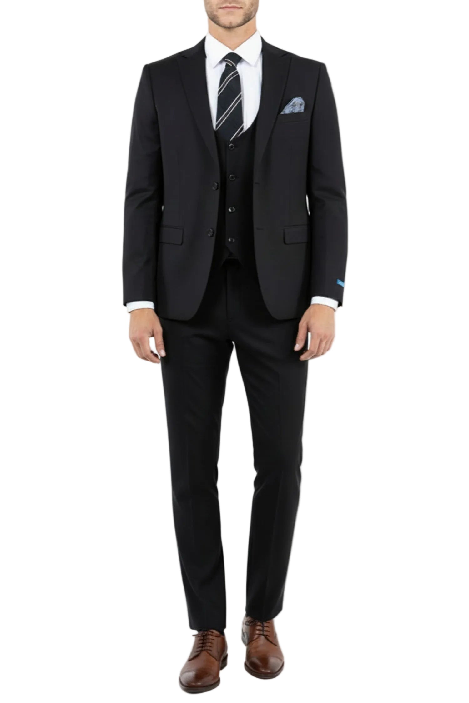 Black 3 Piece Hybrid Fit Peak Lapel Suit