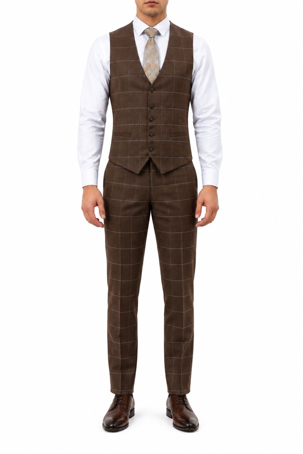 Men’s Hybrid Fit Windowpane Plaid 3-Piece Suit - Brown