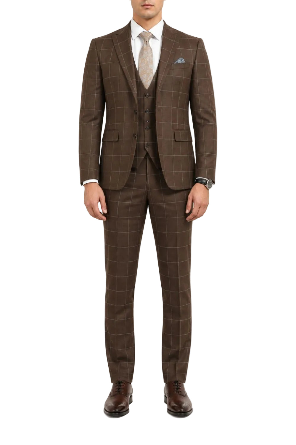 Men’s Hybrid Fit Windowpane Plaid 3-Piece Suit - Brown