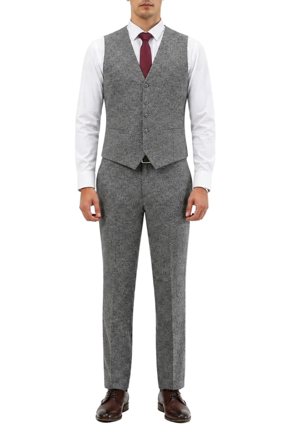 Man wearing a gray suit vest and pants with a white shirt and red tie on a white background