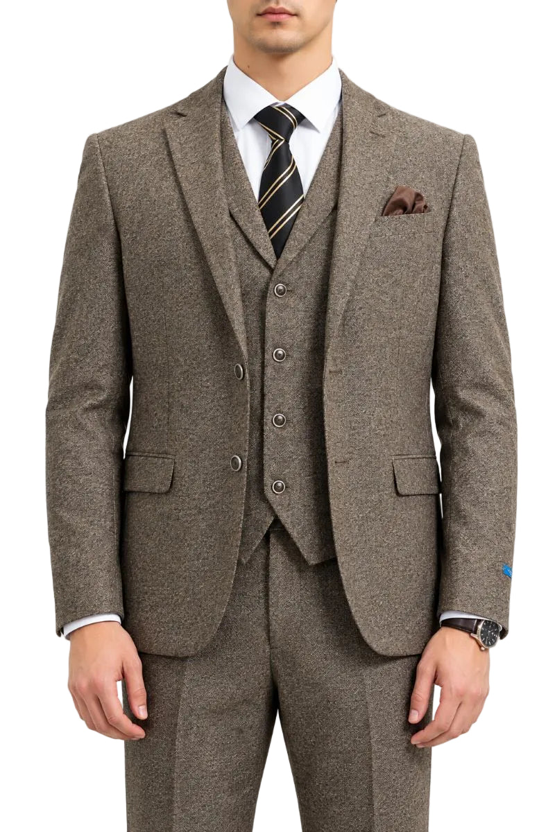 Tan Tweed Single Breasted Hybrid Fit 3-Piece Suit