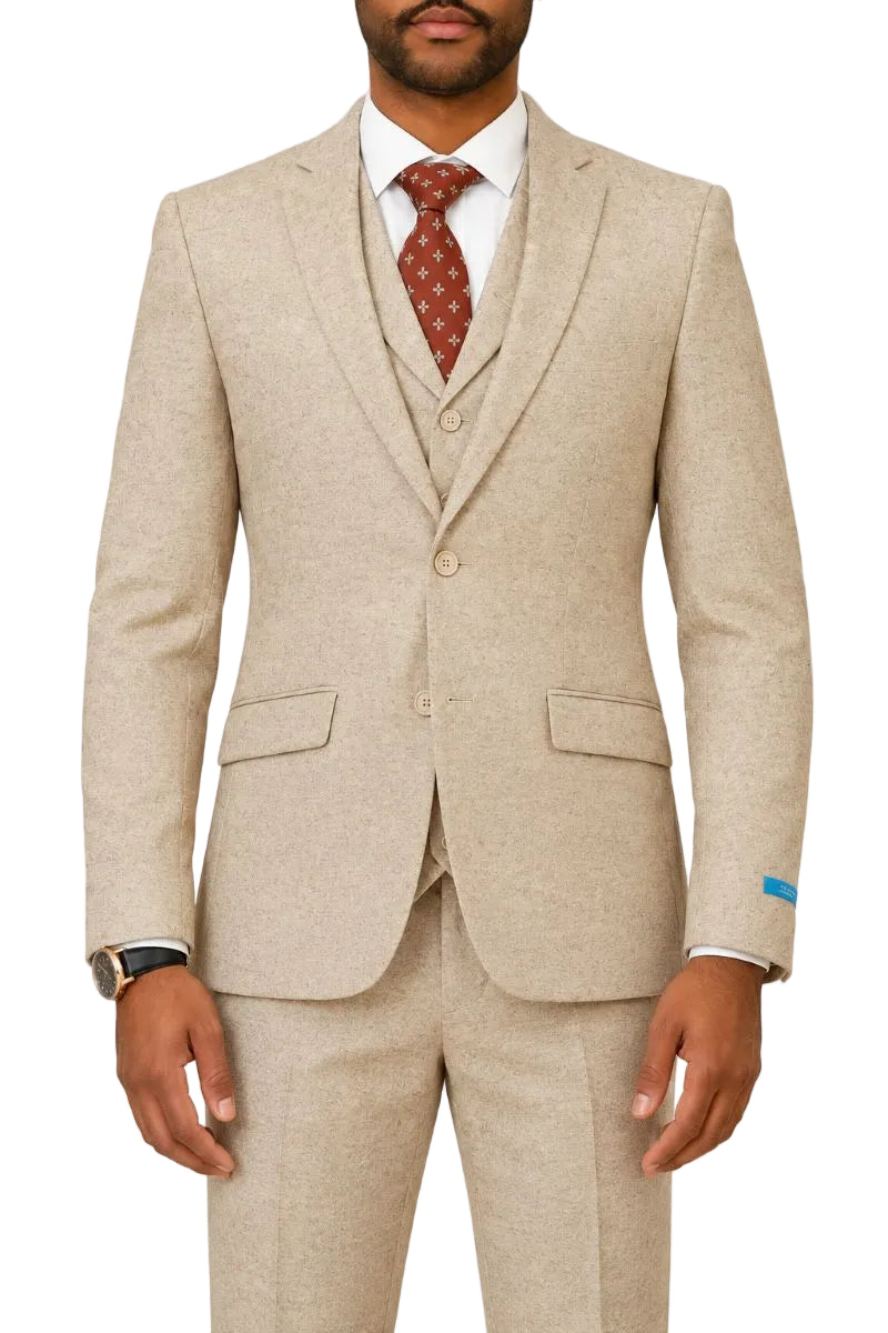 Beige Tweed Single Breasted Hybrid Fit 3-Piece Suit