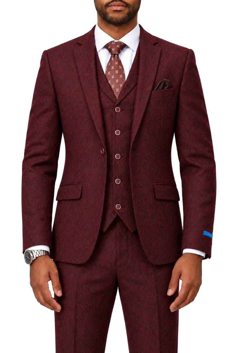Burgundy Tweed Single Breasted Hybrid Fit 3-Piece Suit