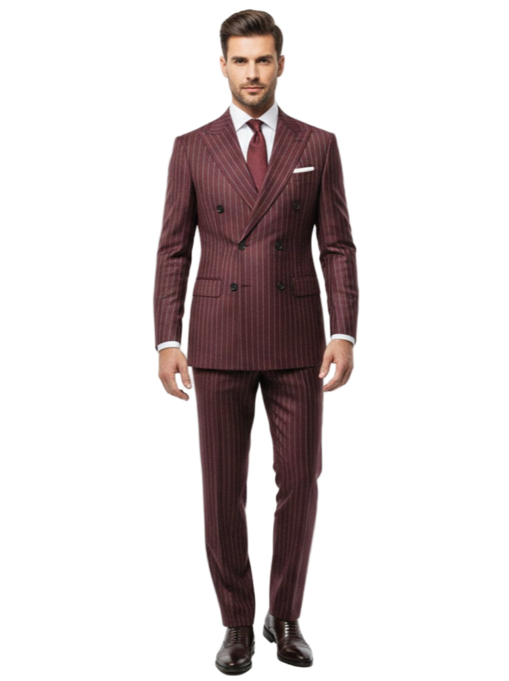 Men's Slim Fit Burgundy 2 Piece Double Breasted Pinstripe Suit