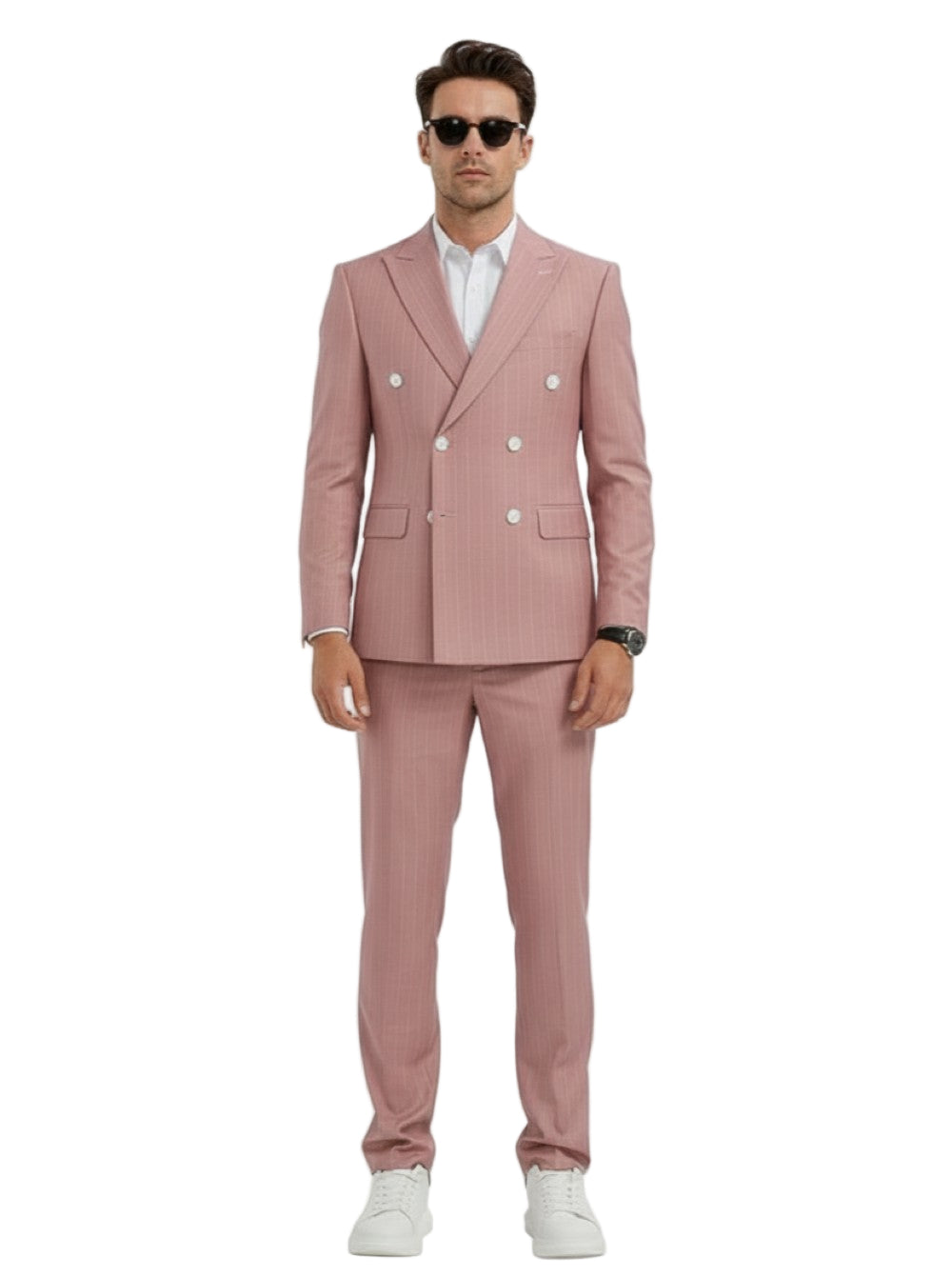Men's Slim Fit Pink 2 Piece Double Breasted Pinstripe Suit