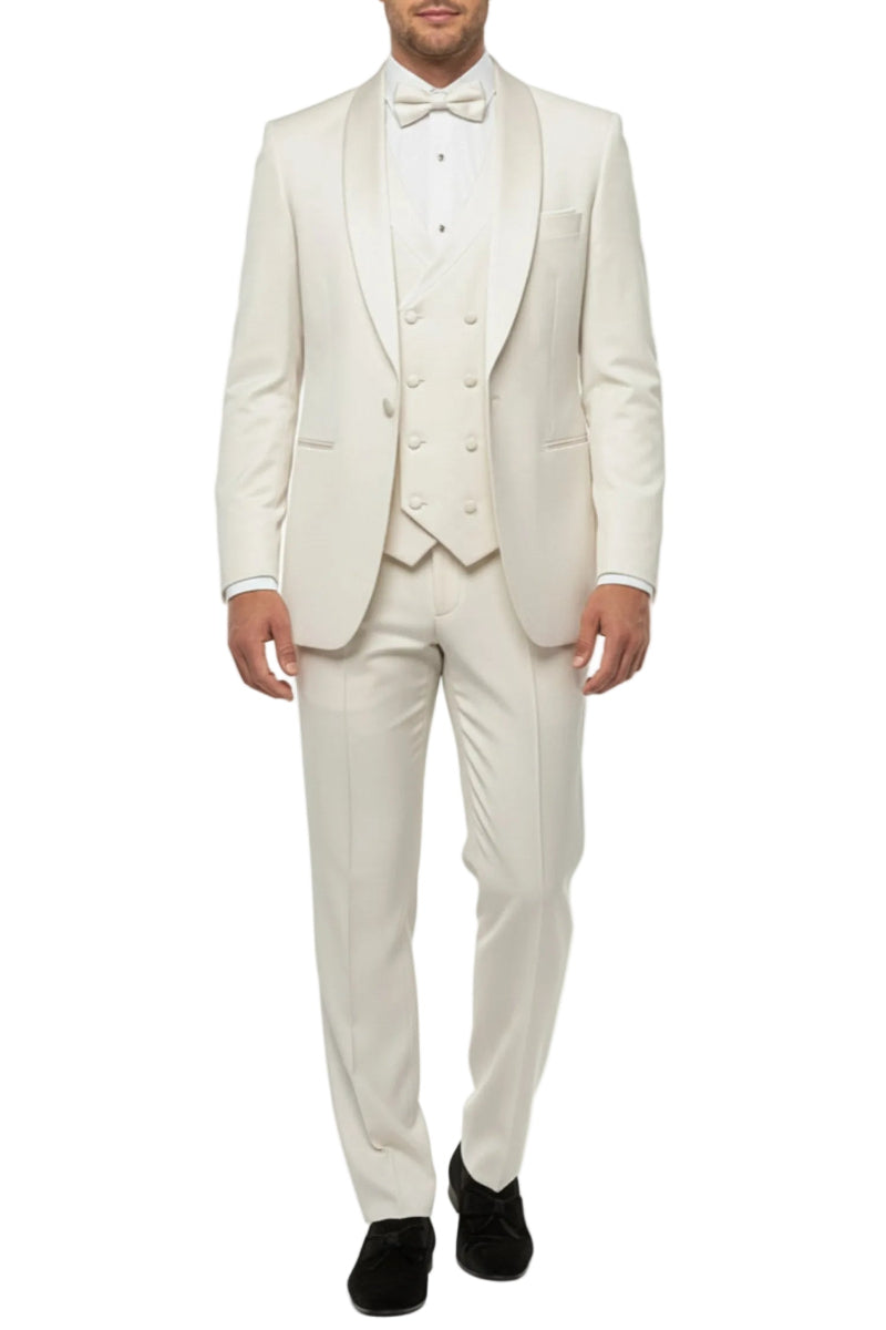 Ivory slim fit 3 piece men's tuxedo with shawl lapel