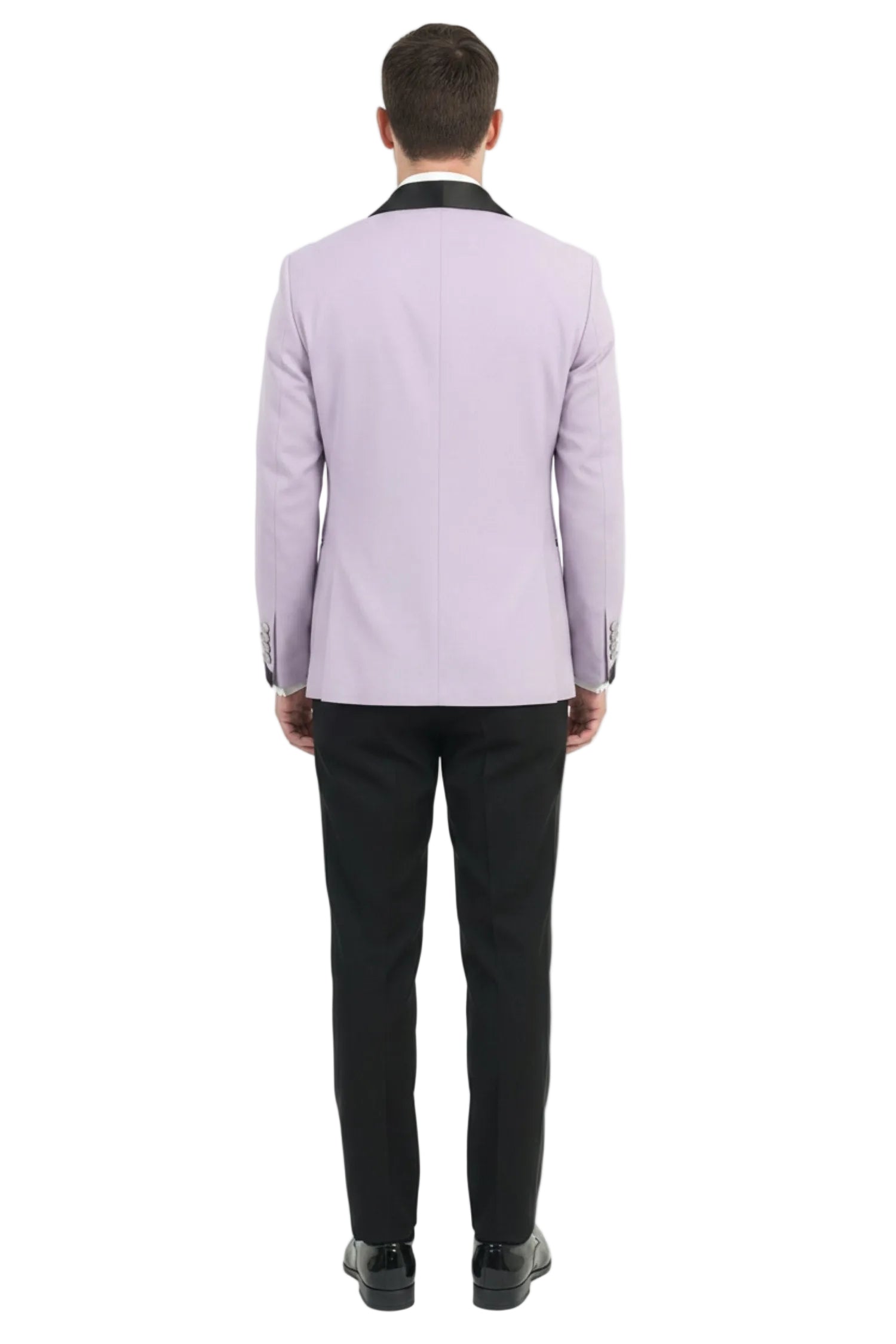 Person wearing a light purple blazer and black pants on a white background