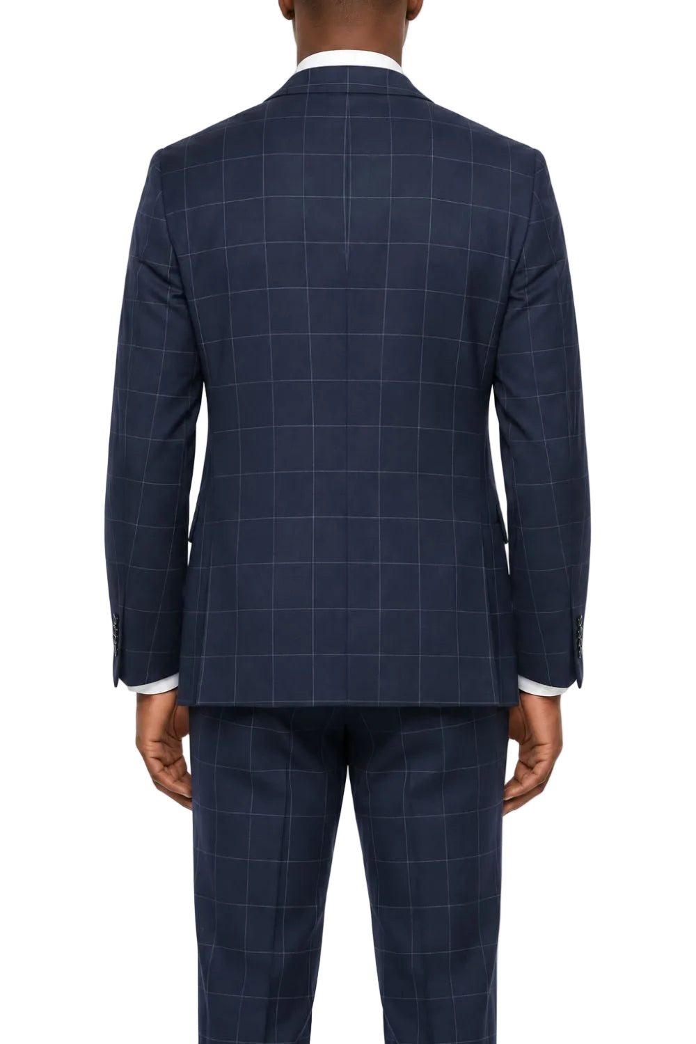 A man viewed from the back wearing a navy blue windowpane check suit with a white shirt cuff visible at the sleeve cuffs, against a plain white background.