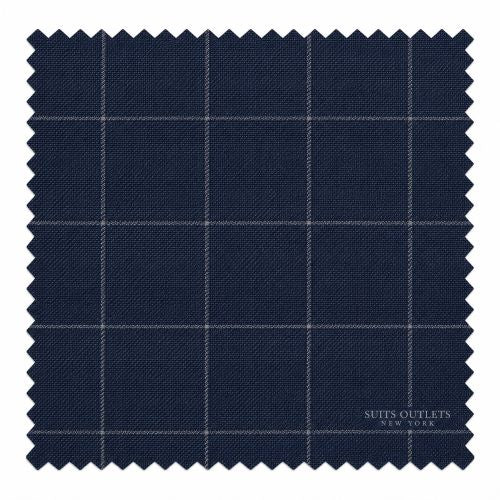 A square fabric swatch of dark navy blue material with a subtle white windowpane grid pattern and serrated edges, with the text 'SUITS OUTLETS NEW YORK' printed in the lower right corner.