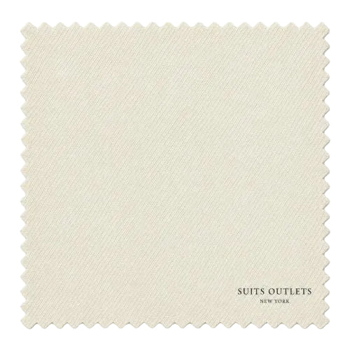 A square fabric swatch with scalloped edges in a warm off-white/cream color, featuring the text 'SUITS OUTLETS NEW YORK' printed near the bottom right corner, set against a plain white background.