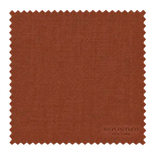 A square fabric swatch with serrated edges in a warm rust brown color, featuring the text 'SUITS OUTLETS NEW YORK' printed near the bottom right corner, set against a plain white background.