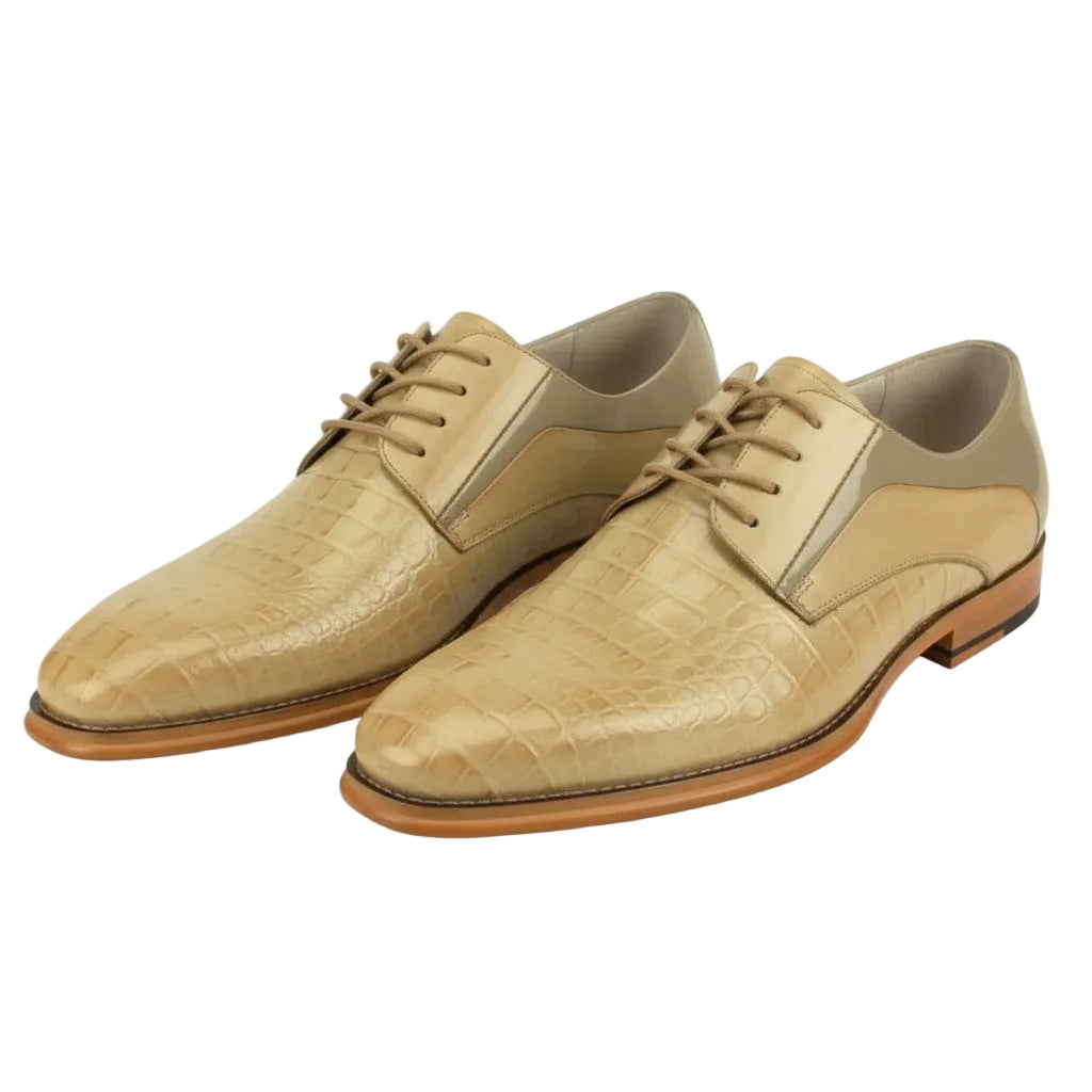 Natural Beige dress shoes with crocodile texture on a white background