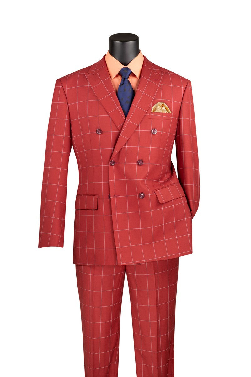 Naples Collection - Baked Apple Modern Fit Double Breasted Windowpane Peak Lapel 2 Piece Suit