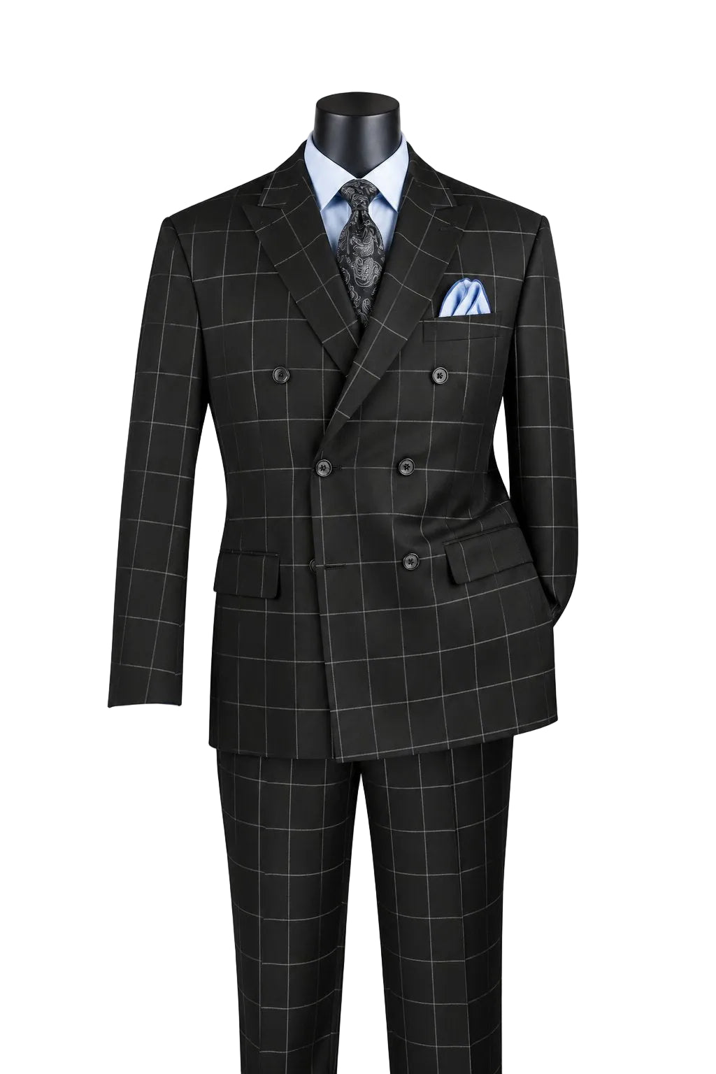 Naples Collection - Black Modern Fit Double Breasted Windowpane Peak Lapel 2 Piece Suit