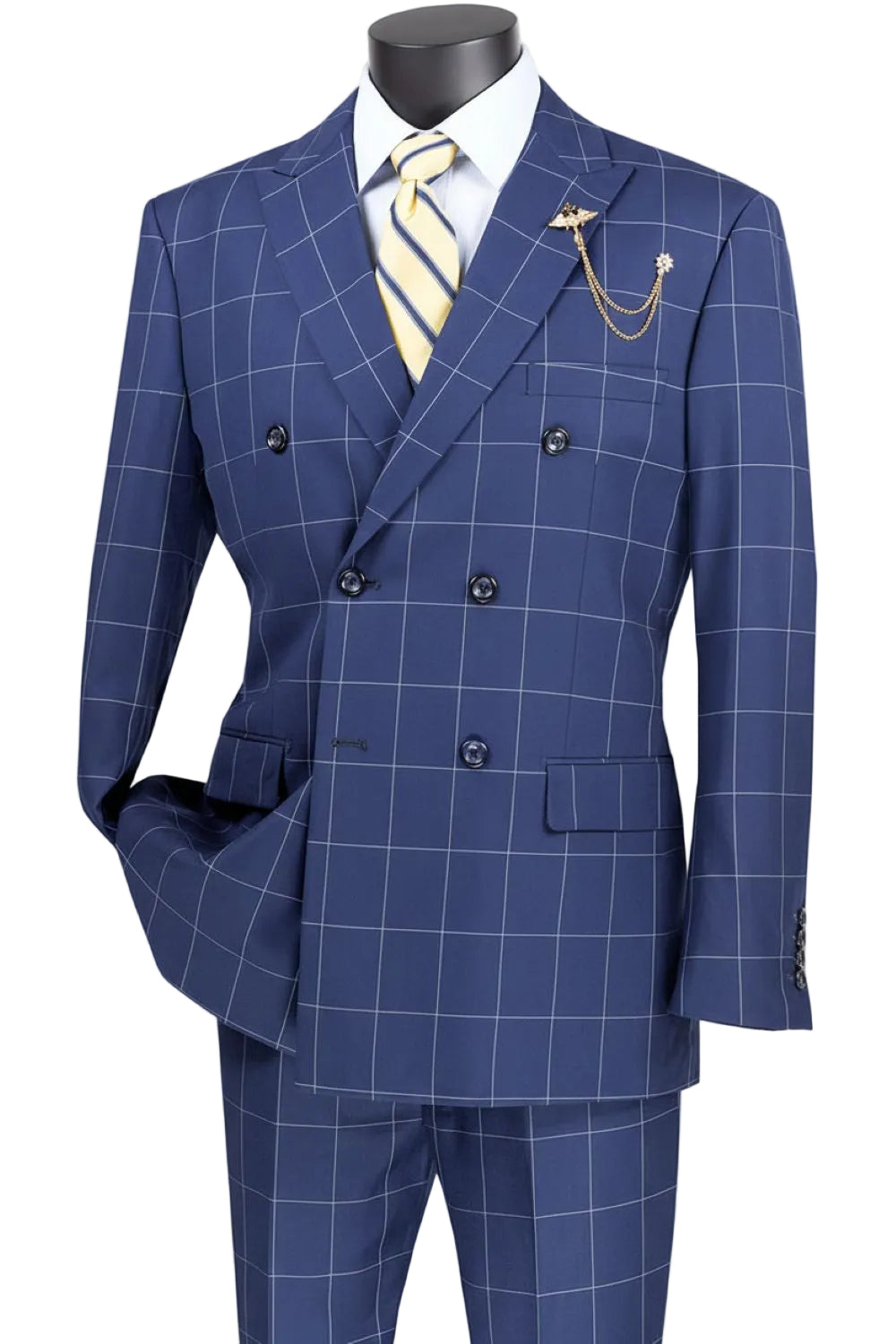 Naples Collection - Blue Modern Fit Double Breasted Windowpane Peak Lapel 2 Piece Suit