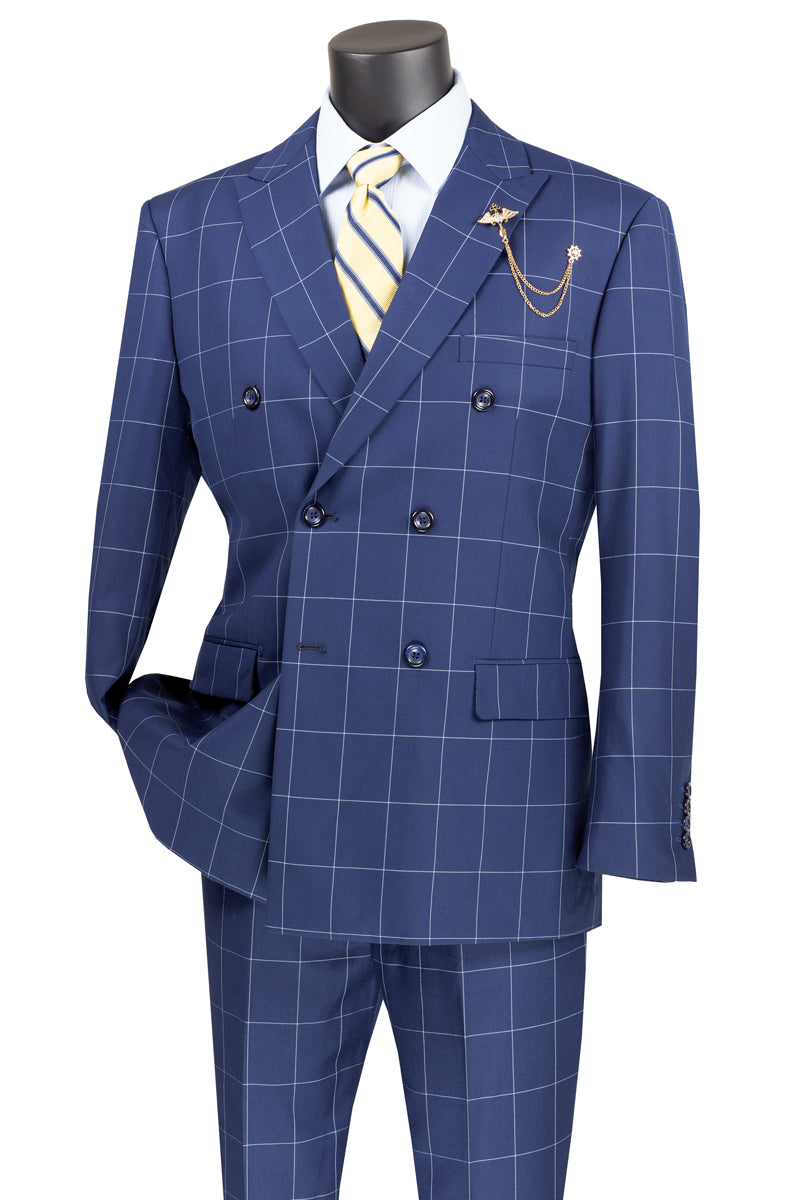 Naples Collection - Blue Modern Fit Double Breasted Windowpane Peak Lapel 2 Piece Suit