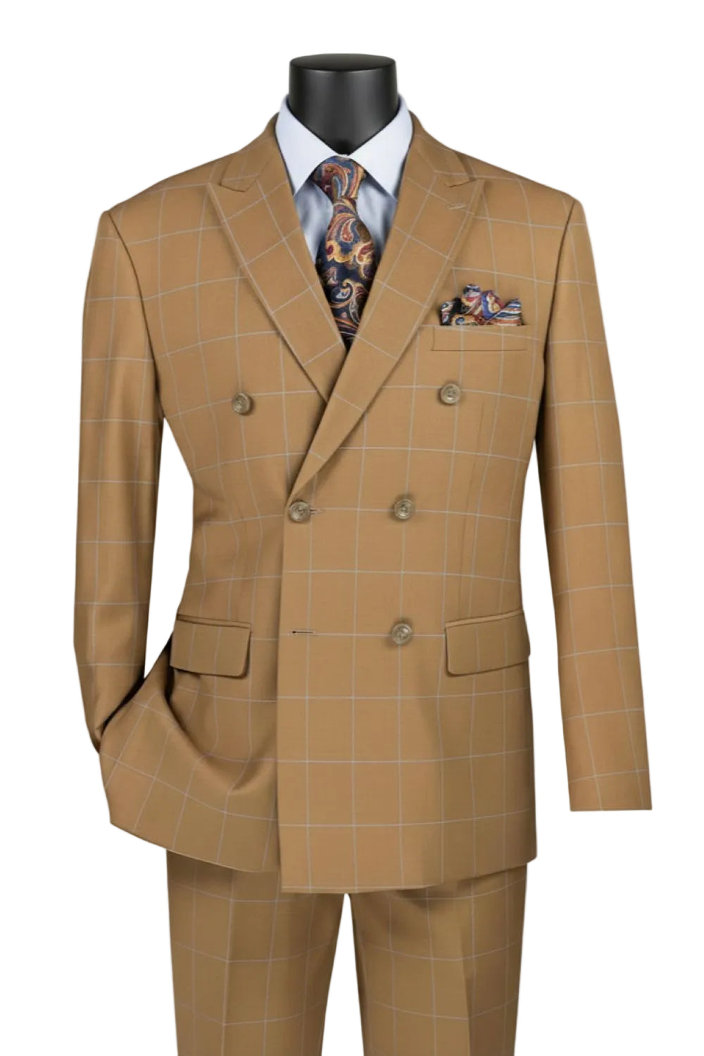 Naples Collection - Camel Modern Fit Double Breasted Windowpane Peak Lapel 2 Piece Suit