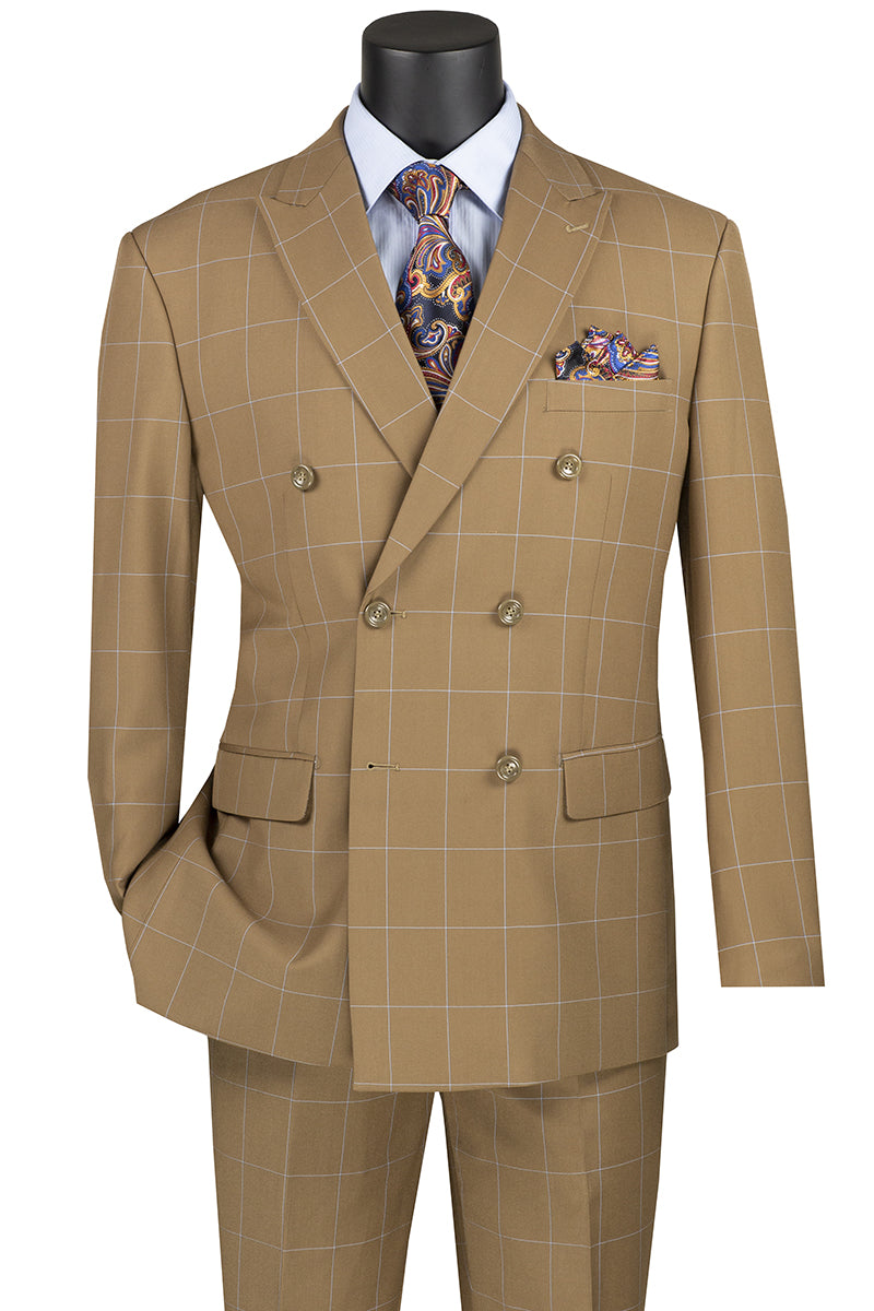Naples Collection - Camel Modern Fit Double Breasted Windowpane Peak Lapel 2 Piece Suit