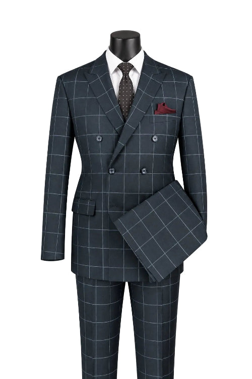 Naples Collection - Gray Modern Fit Double Breasted Windowpane Peak Lapel 2 Piece Suit