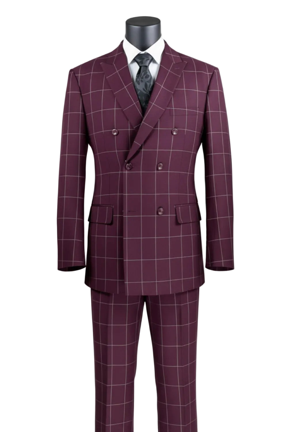Naples Collection - Wine Modern Fit Double Breasted Windowpane Peak Lapel 2 Piece Suit