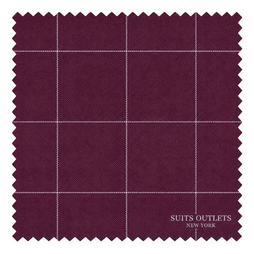 A square fabric swatch with serrated edges in a deep burgundy/plum color, featuring a white windowpane plaid pattern and the text 'SUITS OUTLETS NEW YORK' printed in the lower right corner.