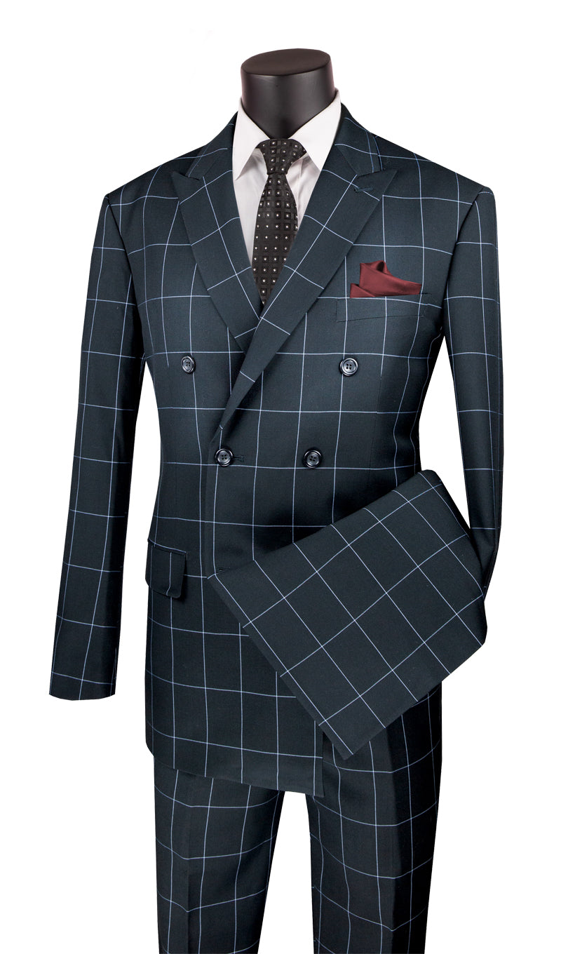 Naples Collection - Black Modern Fit Double Breasted Windowpane Peak Lapel 2 Piece Suit