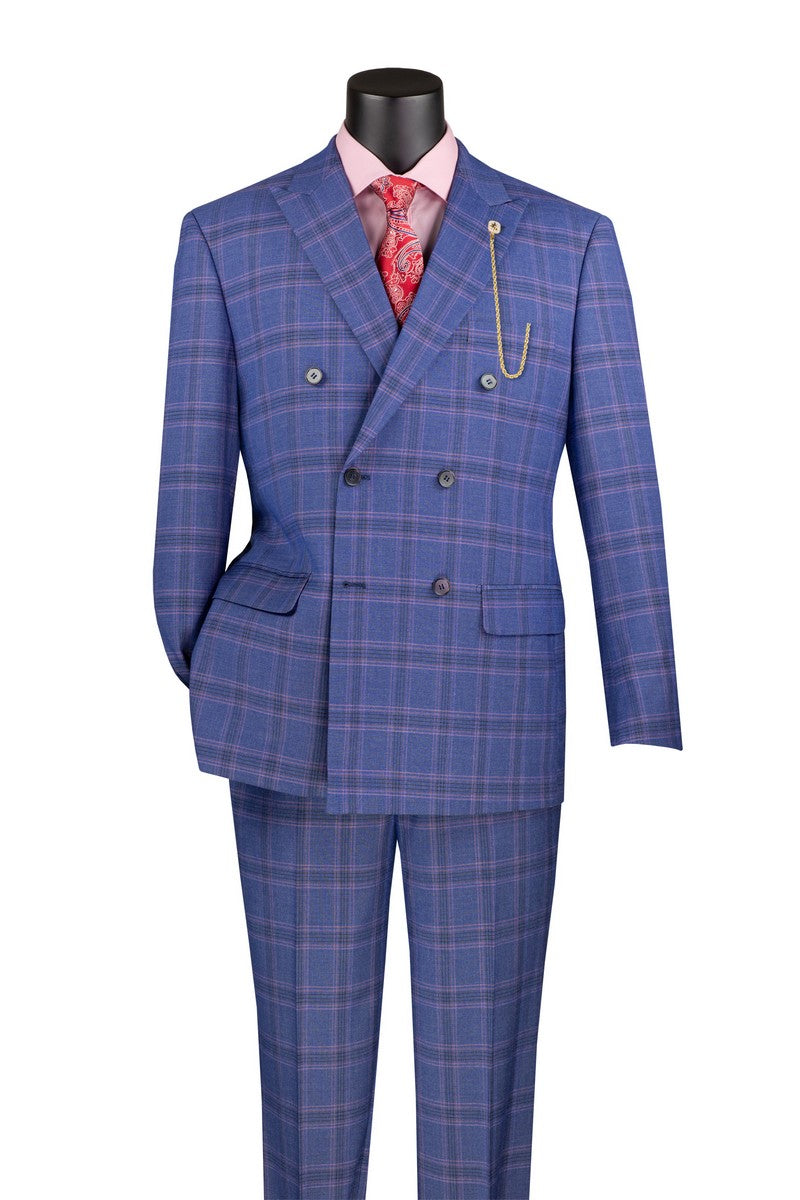 Blue Modern Fit Double Breasted Glen Plaid Peak Lapel 2 Piece Suit