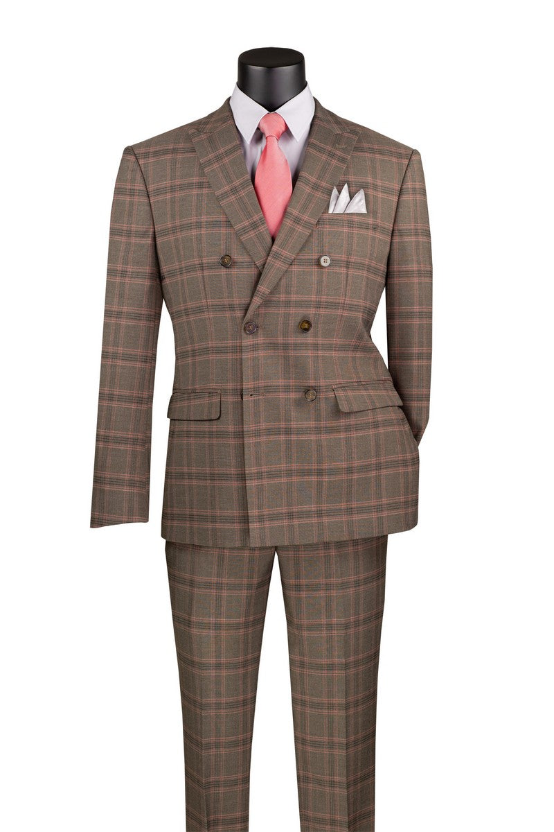 Brown Modern Fit Double Breasted Glen Plaid Peak Lapel 2 Piece Suit