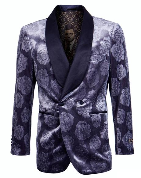 Patterned blazer with floral design on a white background