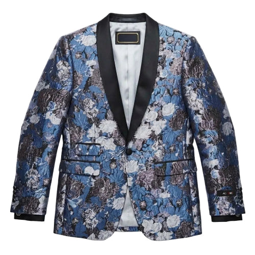 A men's single-breasted blazer with a blue, gray, and white floral jacquard pattern, featuring black satin shawl lapels and black trim.